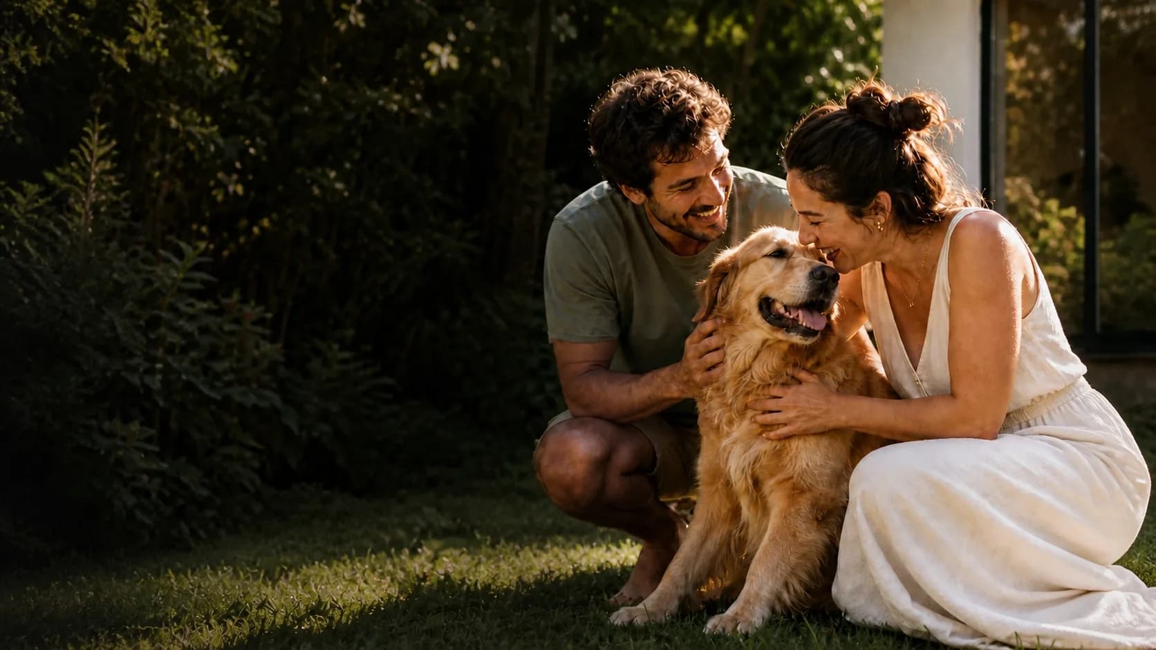 Casal abraçando seu cachorro em um jardim